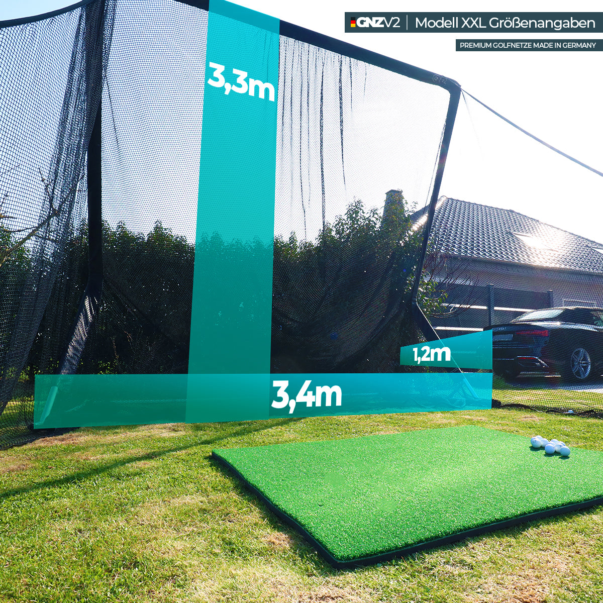 Golfnetz Driving Range XXL | H3,3m x B3,4m x T1,8m | Indoor & Outdoor | Inkl. Kleine Abschlagmatte | GNZV2